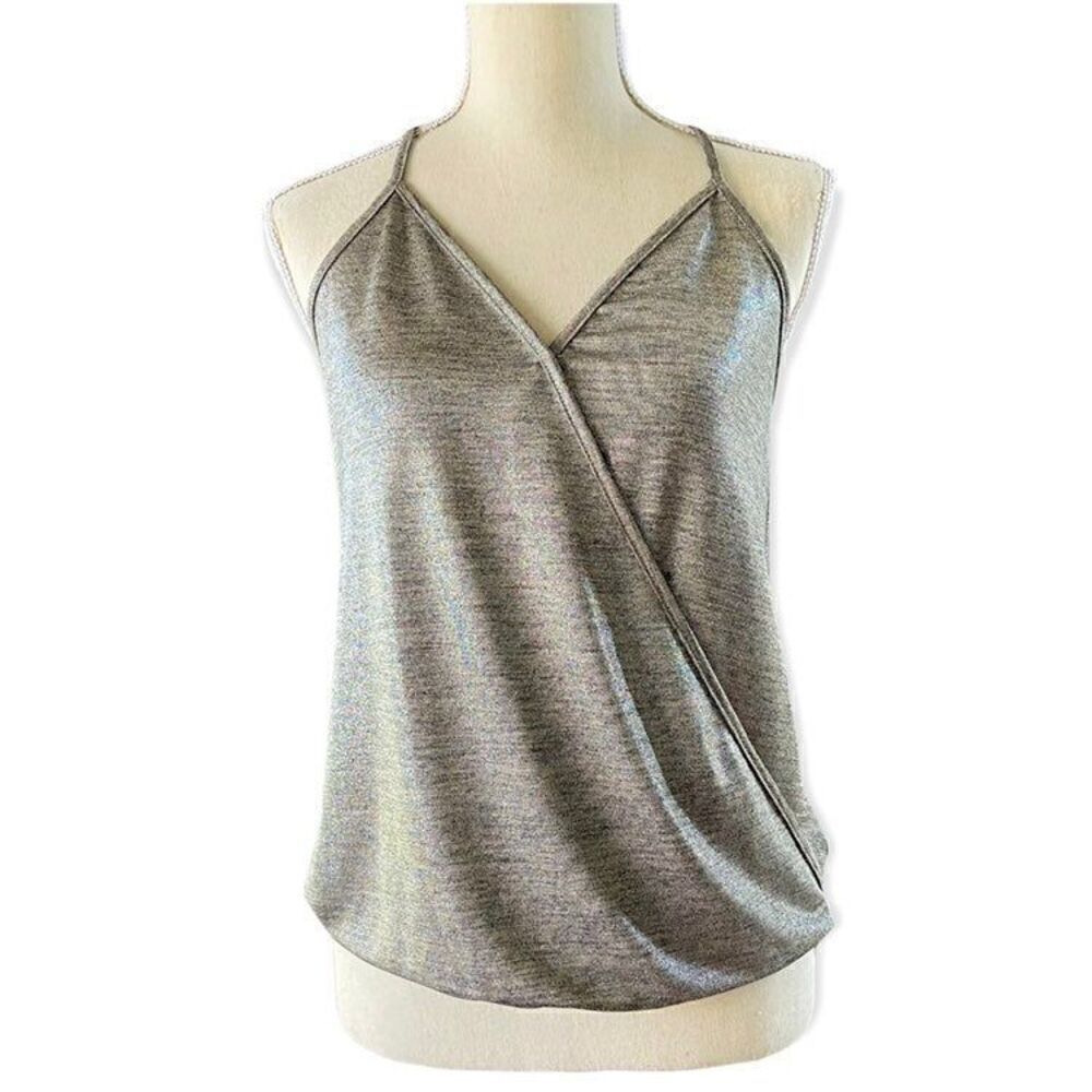 Lily White Taupe Silver Metallic Dressy Racerback Top S